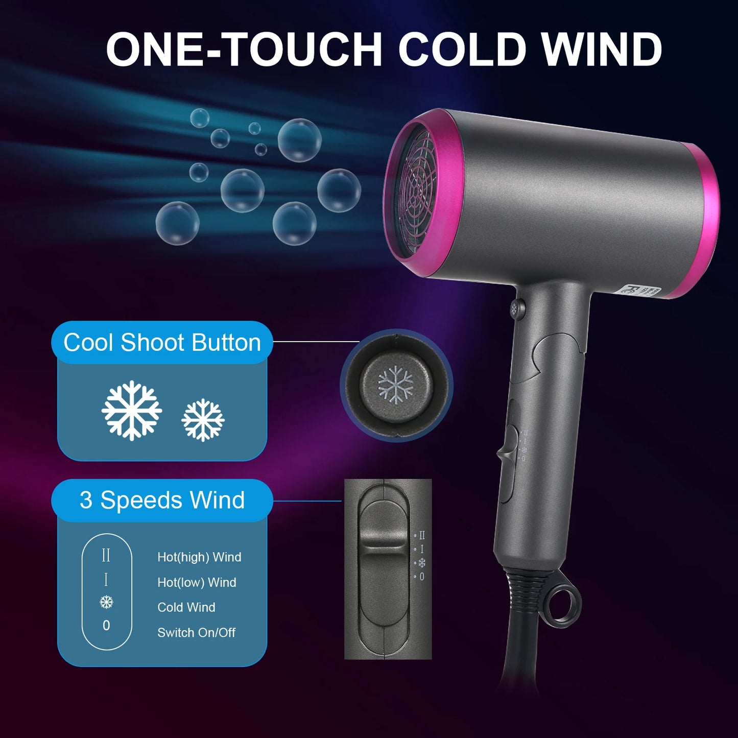 1800W 2 Speeds Hair Dryer Fast Dry Hairdryers with Attachment Diffuser & Concentrator