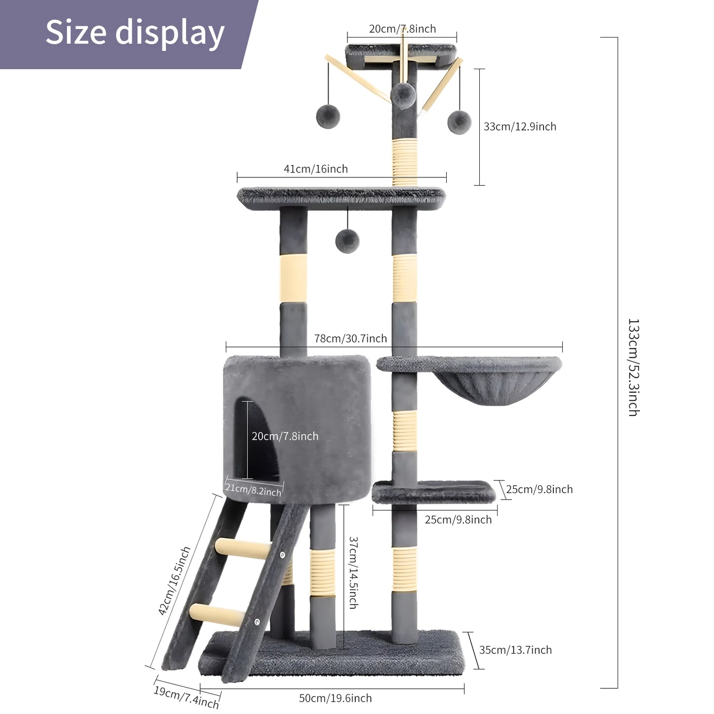 Multi-Level Cat Tree Indoor Climbing Activity Cat Tower with Scratching Posts, Hammock, and Tunnel, Pet Play House Furniture