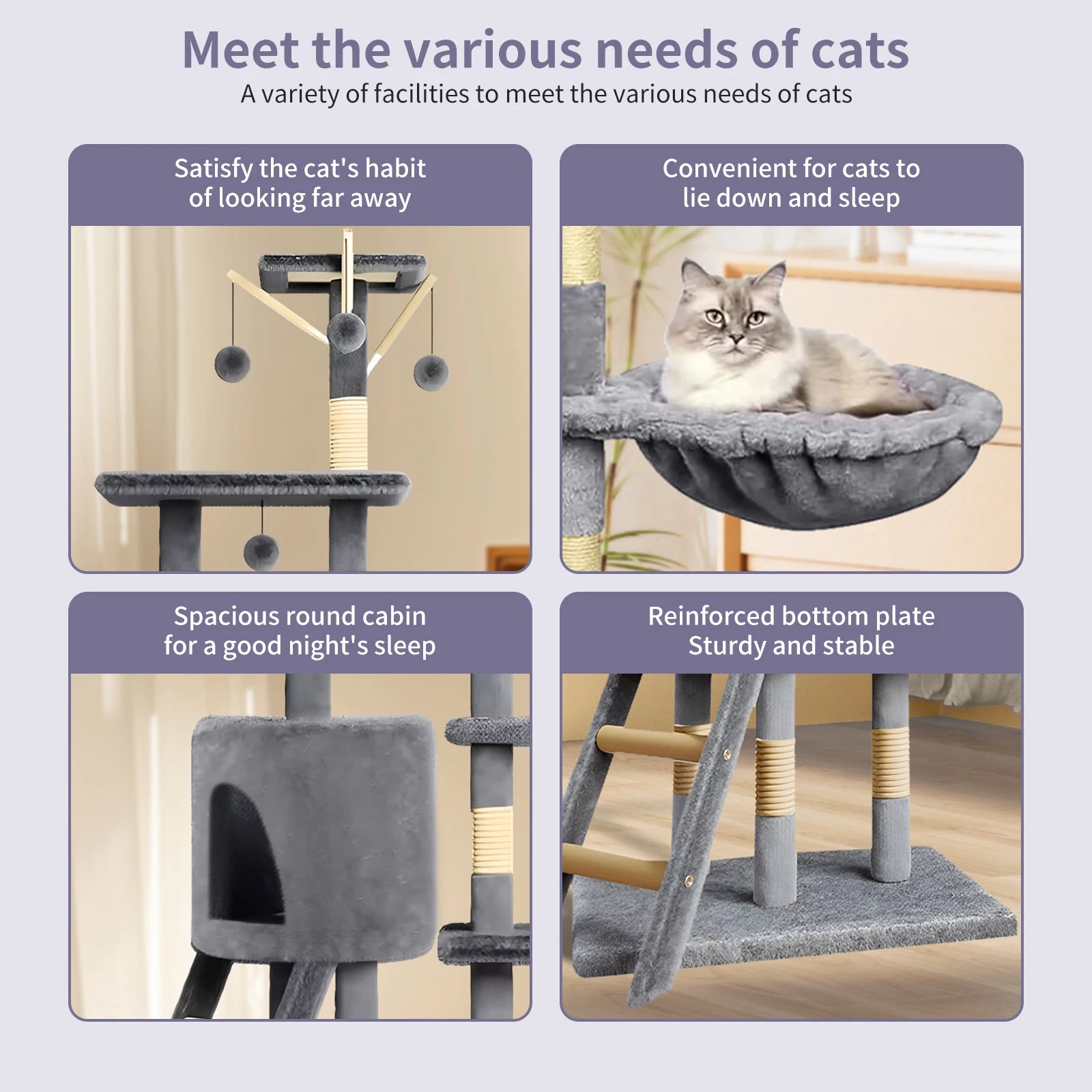 Multi-Level Cat Tree Indoor Climbing Activity Cat Tower with Scratching Posts, Hammock, and Tunnel, Pet Play House Furniture