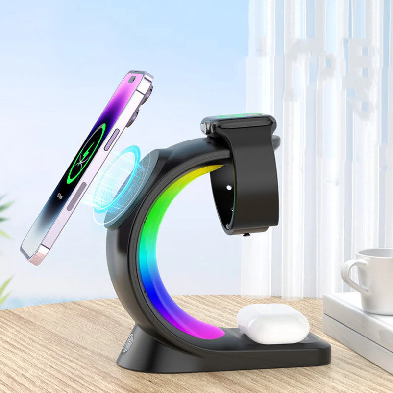 4-in-1 Magnetic Wireless Charging Station – Fast Charger with Atmosphere Light for iPhone, Apple Watch & AirPods Pro