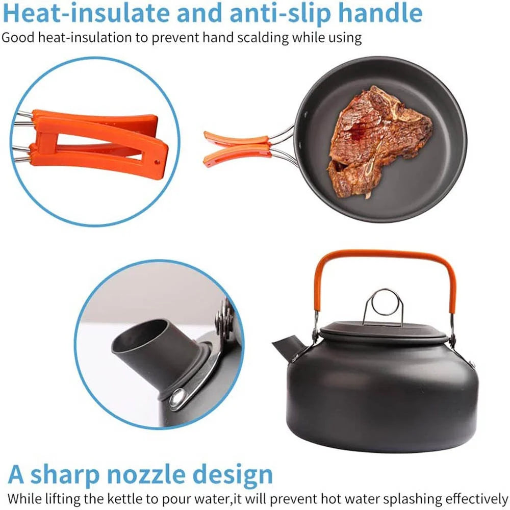 Camping Cookware Set – Outdoor Non-Stick Cooking & Tableware Kit with Teapot for 2–3 People | Travel & Picnic Essentials