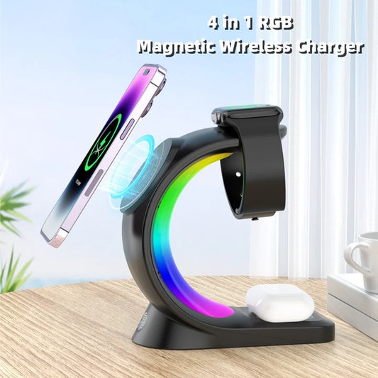 4-in-1 Magnetic Wireless Charging Station – Fast Charger with Atmosphere Light for iPhone, Apple Watch & AirPods Pro