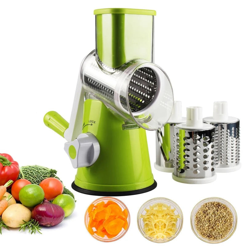 Manual Rotary Vegetable Slicer Cutter Kitchen Vegetable Cheese Grater Chopper with 3 Sharp Stainless Steel Drums KC0082