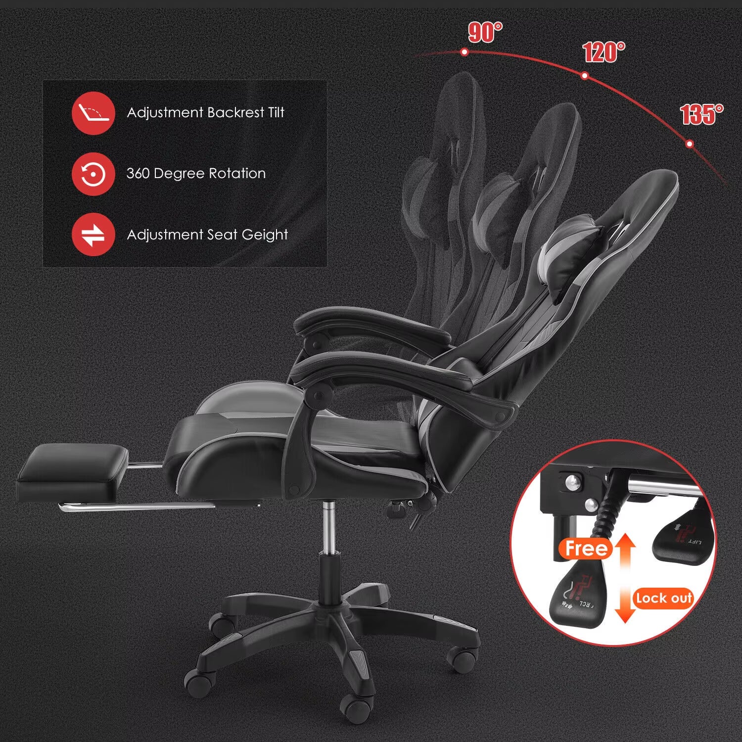 Gaming Chair Ergonomic Computer Chair Office Chair Desk Swivel Chair Adjustable Reclining Footrest Cushion,Massage Pillow