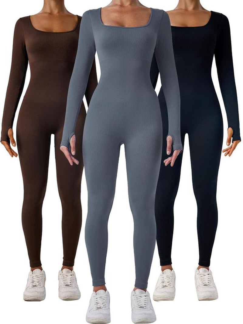 Women'S Solid Ribbed Long Sleeve Sports Playsuit Tummy Control Jumpsuit, Workout Ribbed Long Sleeve Exercise Bodycon Jumpsuit, Seamless Jumpsuits One-Piece Yoga Suit, Summer Outfits 2024