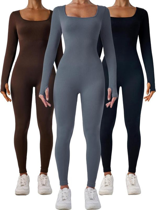 Women'S Solid Ribbed Long Sleeve Sports Playsuit Tummy Control Jumpsuit, Workout Ribbed Long Sleeve Exercise Bodycon Jumpsuit, Seamless Jumpsuits One-Piece Yoga Suit, Summer Outfits 2024