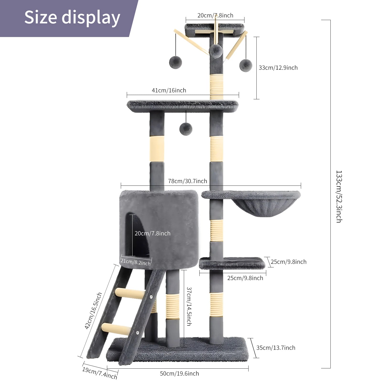 Multi-Level Cat Tree Indoor Climbing Activity Cat Tower with Scratching Posts, Hammock, and Tunnel, Pet Play House Furniture