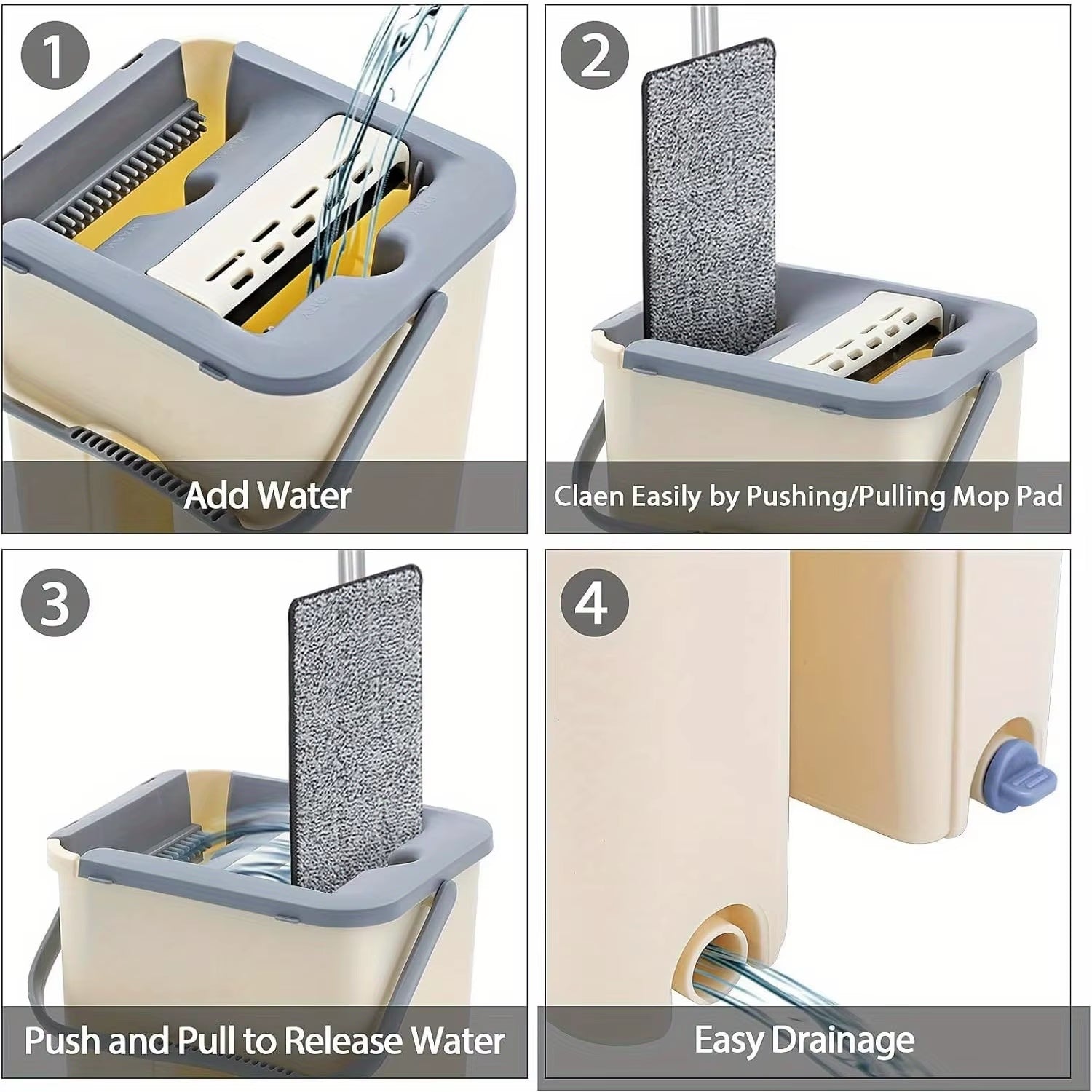 Mop and Bucket Set, Floor Mop and Bucket System Set, 360° Flat Squeezed Microfiber Mop, Household Floor Tile Cleaning, with 4 We