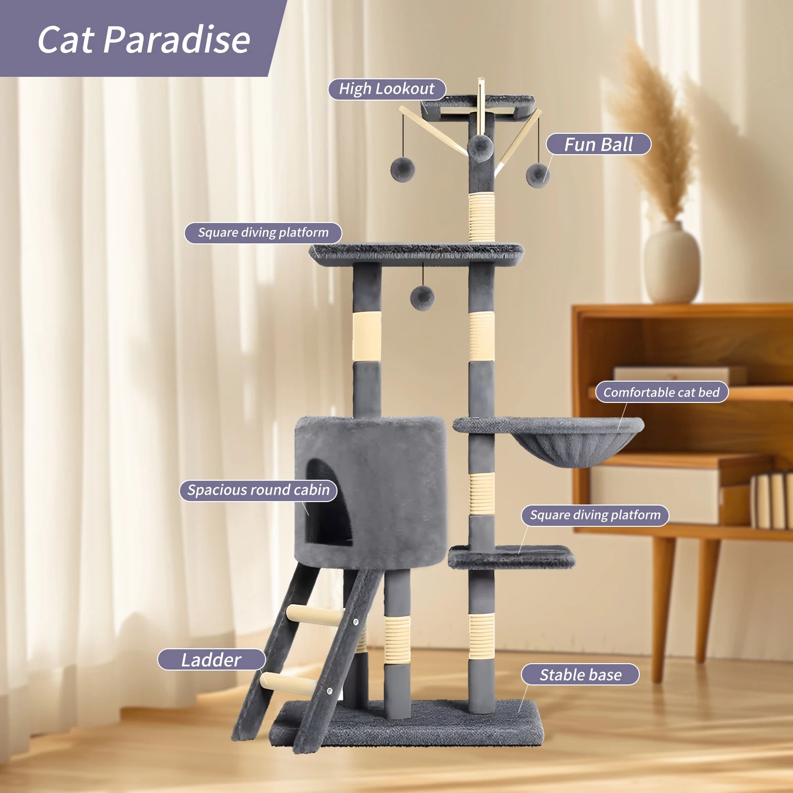 Multi-Level Cat Tree Indoor Climbing Activity Cat Tower with Scratching Posts, Hammock, and Tunnel, Pet Play House Furniture