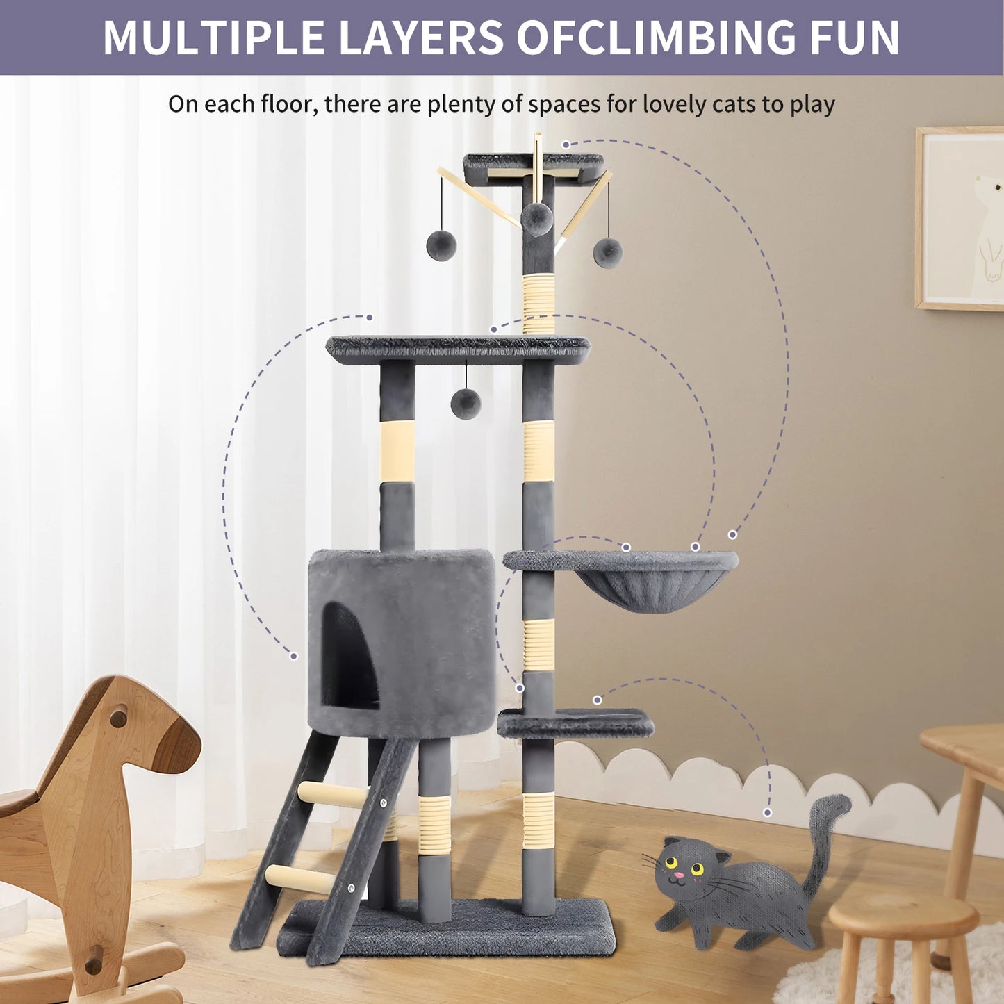 Multi-Level Cat Tree Indoor Climbing Activity Cat Tower with Scratching Posts, Hammock, and Tunnel, Pet Play House Furniture