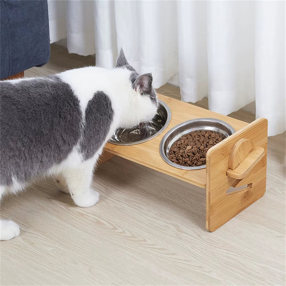 Elevated Dog Bowls with Stand Raised Dog Bowls 4 Heights Adjustable Dog Bowls Bamboo Dog Feeding Station 2 Stainless Steel Bowls