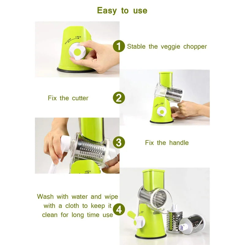 Manual Rotary Vegetable Slicer Cutter Kitchen Vegetable Cheese Grater Chopper with 3 Sharp Stainless Steel Drums KC0082