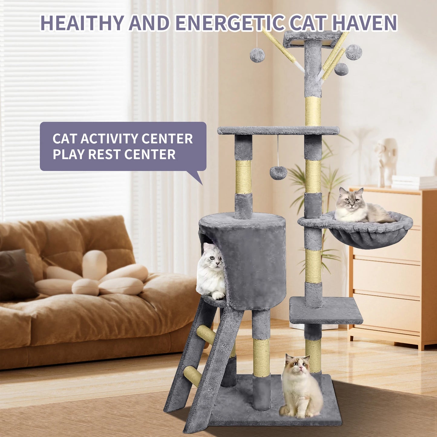 Multi-Level Cat Tree Indoor Climbing Activity Cat Tower with Scratching Posts, Hammock, and Tunnel, Pet Play House Furniture