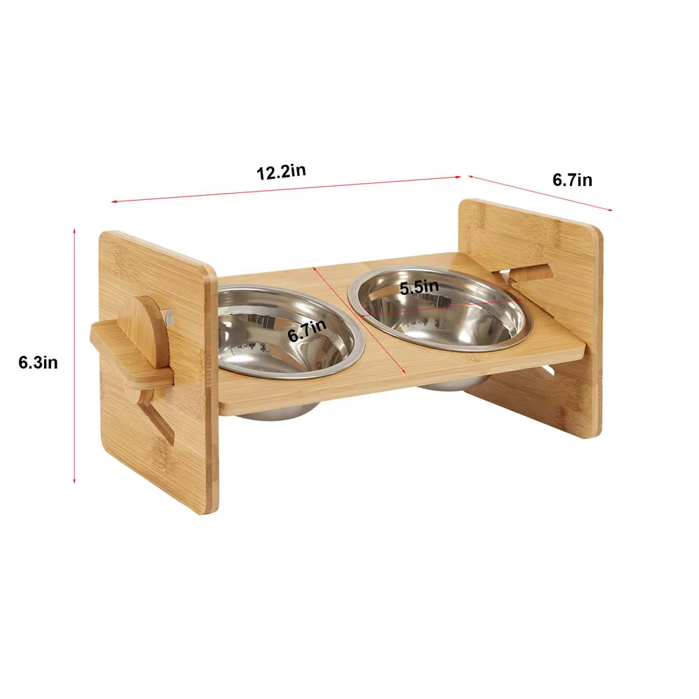 Elevated Dog Bowls with Stand Raised Dog Bowls 4 Heights Adjustable Dog Bowls Bamboo Dog Feeding Station 2 Stainless Steel Bowls