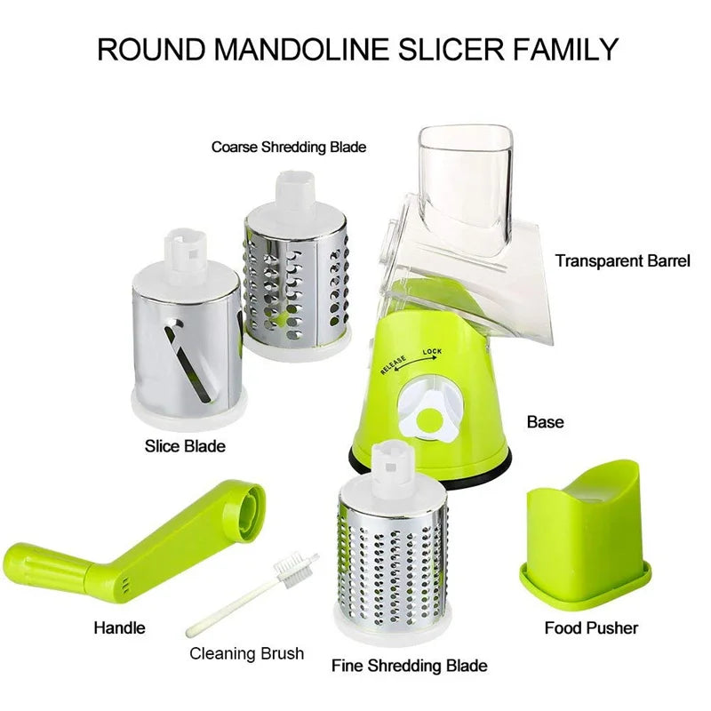 Manual Rotary Vegetable Slicer Cutter Kitchen Vegetable Cheese Grater Chopper with 3 Sharp Stainless Steel Drums KC0082
