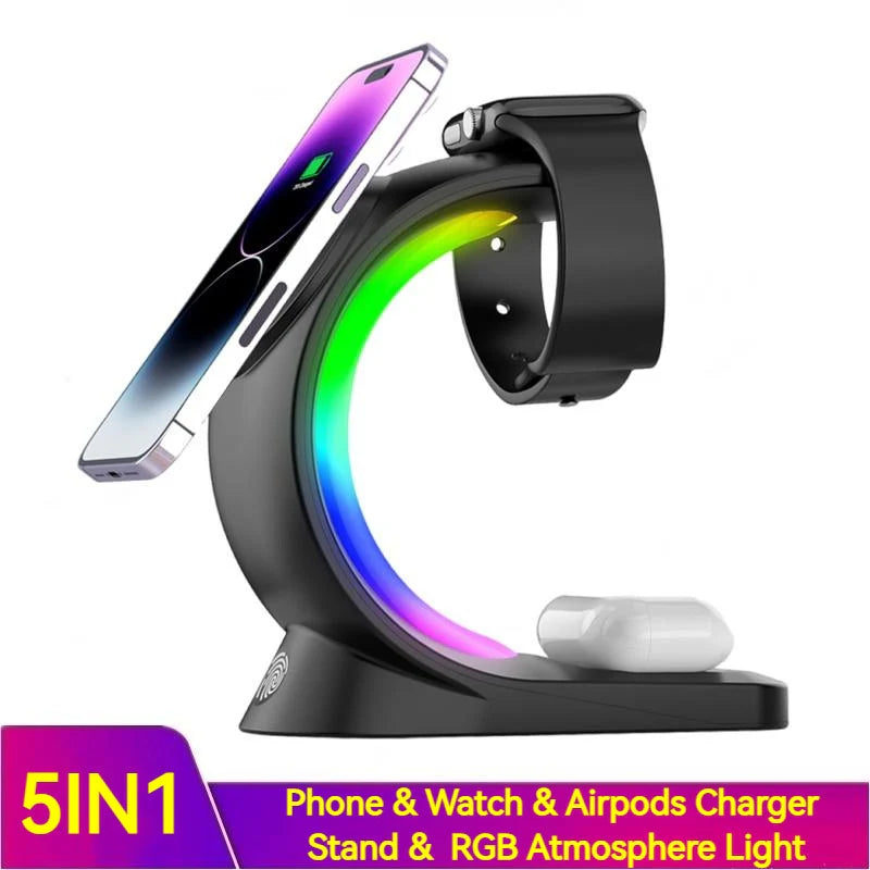4-in-1 Magnetic Wireless Charging Station – Fast Charger with Atmosphere Light for iPhone, Apple Watch & AirPods Pro